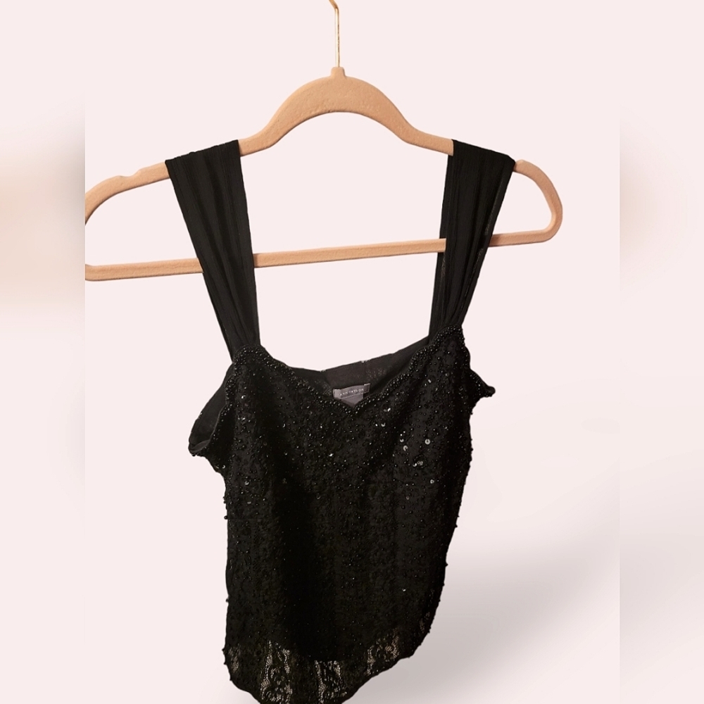 Ann Taylor '90s Wide-Strapped Feminine Sequined Black Halter Top, Size Small
